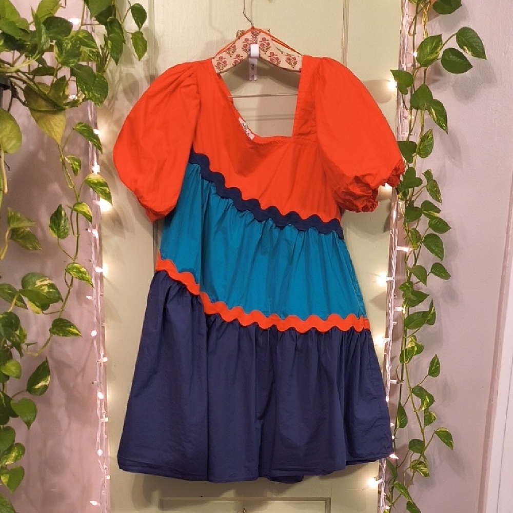 Women's Aura Bold Blue Orange Puffsleeve Cupcake Dress XS